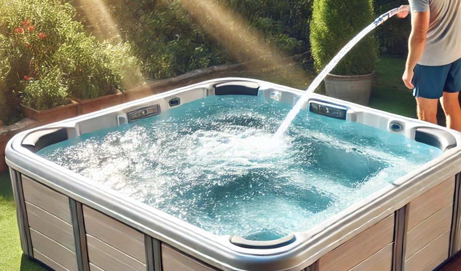 Hot weather can cause water to evaporate quickly. Check and top off your water levels regularly for summer hot tub maintenance 